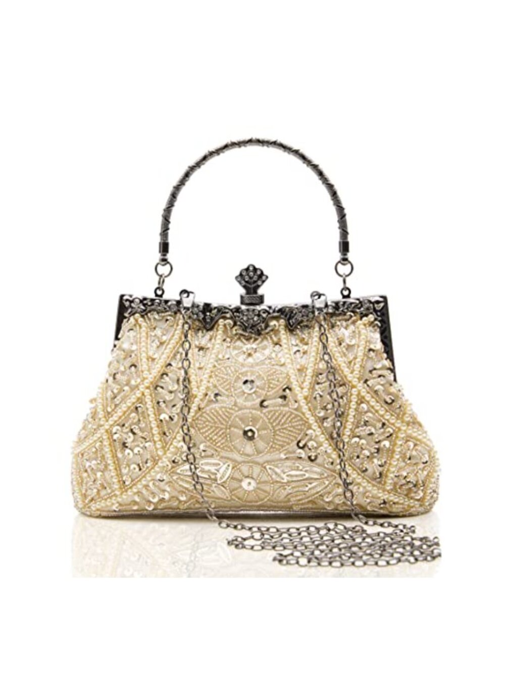 Beaded Evening Clutch Sequin Pearl Rhinestone Party Purse Detachable Chain